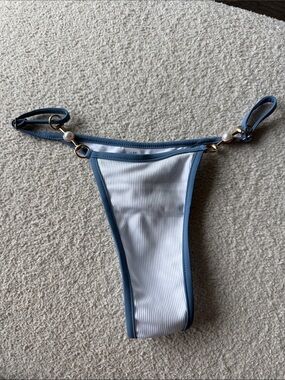 Ribbed White and Blue Trim Bikini Bottom